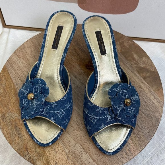 SOLD Louis Vuitton Denim Monogram Flower Slide Sandals - Picture 2 of 11